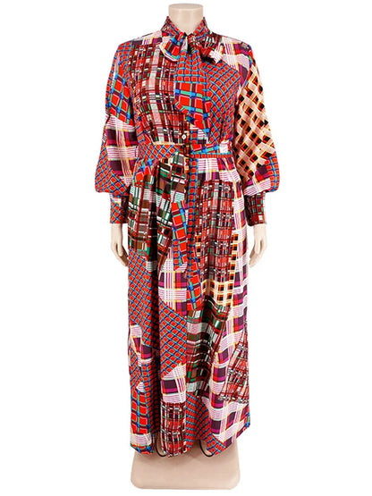 🍒Plus size vintage long sleeve dress print womens clothing fall dresses with belt loose maxi outfit long fashion smart casual women Mix Up Fashion