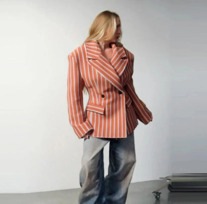 🍒Striped print blazer women's full Sleeve jacket with notched lapel collar double breasted spring coat fashion wear office clothing   Look Chocolate In Orange
