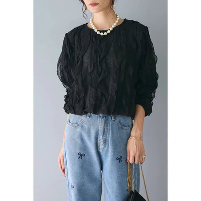 🍒Long slleeved ruffle blouse smart casual dress shirts niche ruffle edge round neck long sleeve party tops for women Get The Edge With A Ruffle