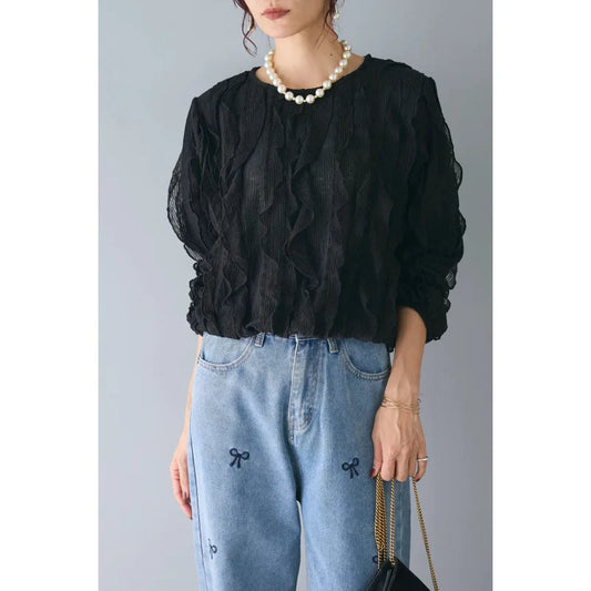 🍒Long slleeved ruffle blouse smart casual dress shirts niche ruffle edge round neck long sleeve party tops for women Get The Edge With A Ruffle