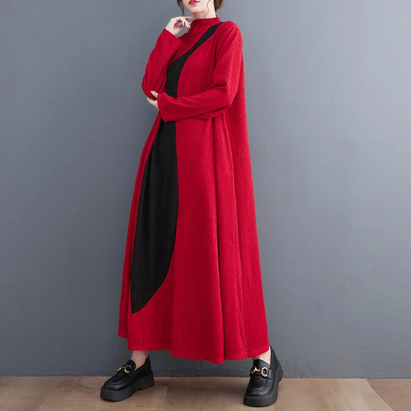 🍒Long sleeve maxi dress red and black outfit long sleeve loose  women smart casual clothes with patchwork loose fit a-line occasion wear chic holiday wear oversize fashion  Black Out Boring Clothes And Get This Red