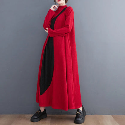 🍒Long sleeve maxi dress red and black outfit long sleeve loose  women smart casual clothes with patchwork loose fit a-line occasion wear chic holiday wear oversize fashion  Black Out Boring Clothes And Get This Red