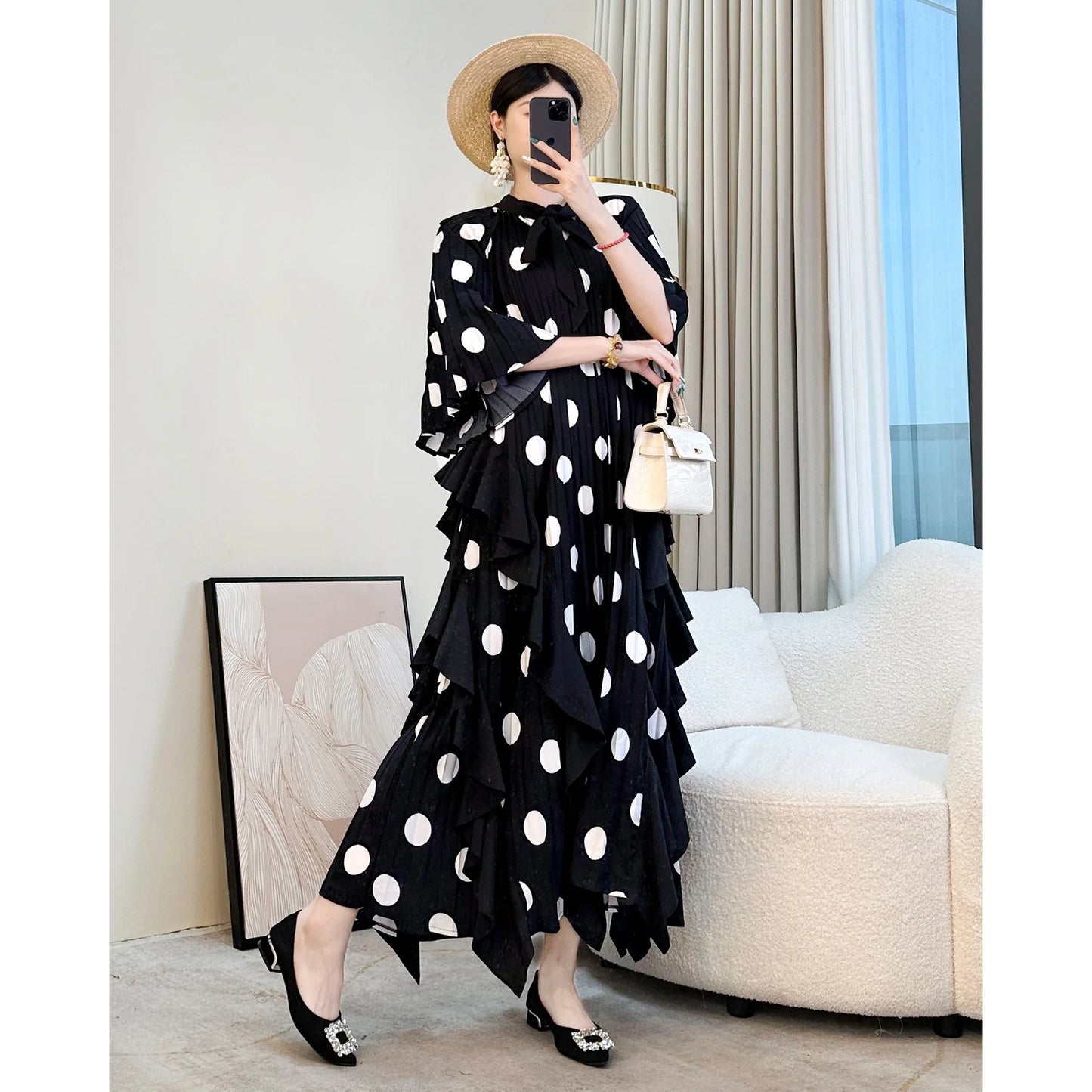 🍒 Dress with polka dots simple pleats and ruffled edges summer outfit looks long loose fit smart primted casual wear loose Fit clothing and Slimming Effect  party occasion clothing Lucky You Spotted this Spot