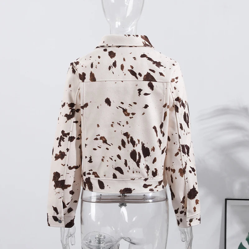 🍒Women's cow print Jacket with lapel collar short zipper coat for smart casual female outerwear  Warm    Milk (it) A Cow