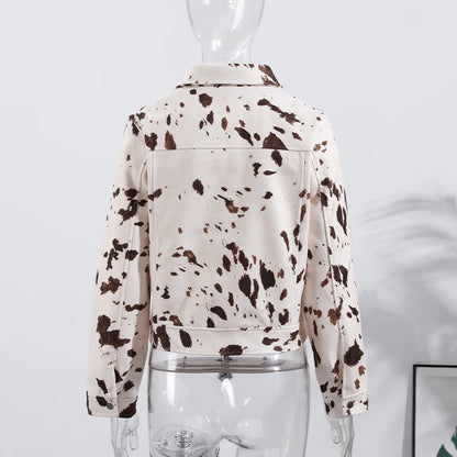 🍒Women's cow print Jacket with lapel collar short zipper coat for smart casual female outerwear  Warm    Milk (it) A Cow