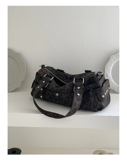 🍒Vintage leopard handbag rivet bag motorcycle barrel shaped crossbody bag boston casual female shoulder fashion totes  Jump On This Animal Its Barrels Of Fun