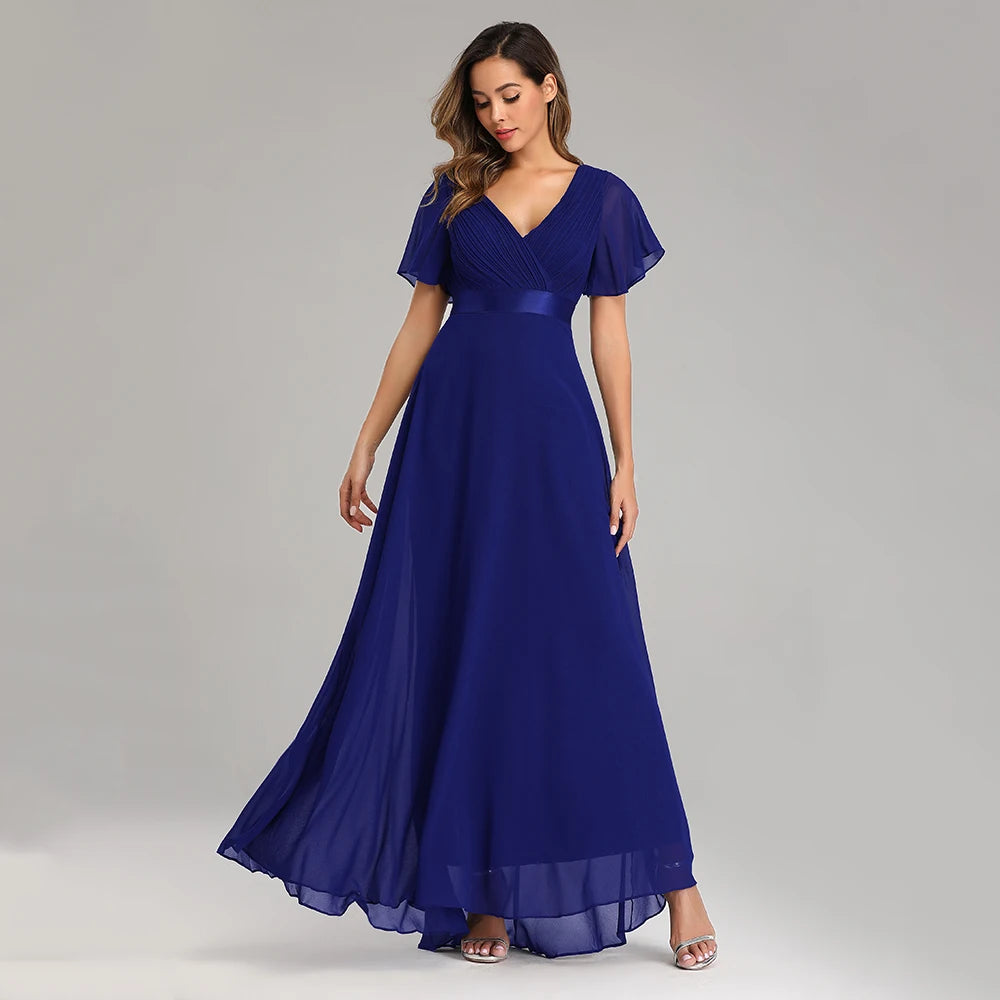 🍒Elegant evening dresses chiffon v-neck ruffle dress long gown for wedding party occasion wear outfit a-line maxi