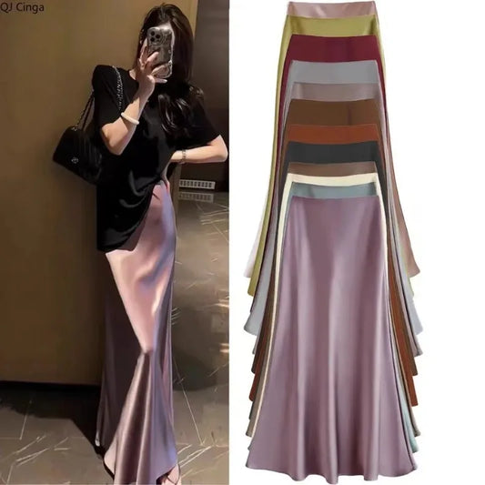 🍒Silky satin skirts high waisted a-Line elegant womens fashion summer occasion clothing for parties smart casual wear Sassy Style Satin