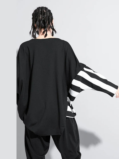 🍒Black and white striped t-shirts Womens baggy black tee with design Irregular big size casual top round neck long Sleeve Fashion wear for spring autumn Get Black To Stripes