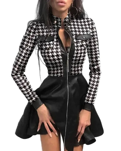 🍒Pu leather dress for women  lace mesh sleeve mixed media fashion party dress mini elegant stand neck collar a-line outfit Pretty Plaid Pu