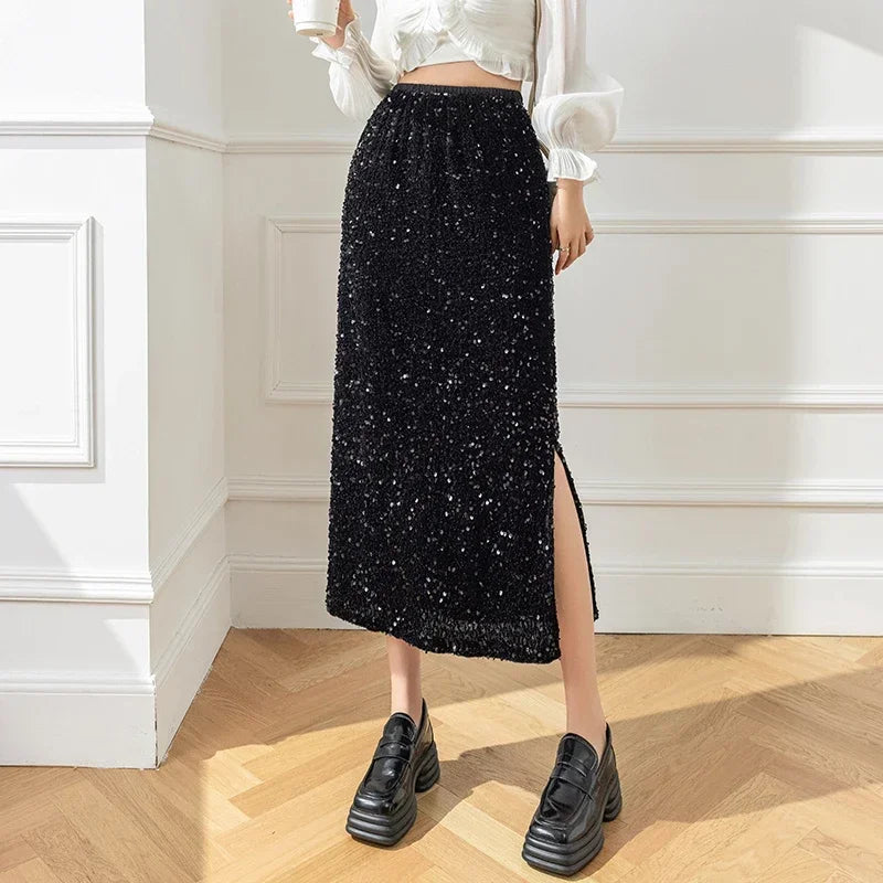 🍒Stylish summer skirts smart casual womens sequin clothes midi fashion black long skirt outfit y2k wear
