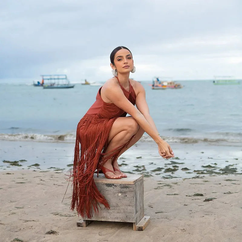 🍒Multi-layer tassel dress women's solid o-neck sleeveless cocktail dress elegant female fashion ball party outfit occasion wear club wear holiday beach party wear No Tossle Tassle