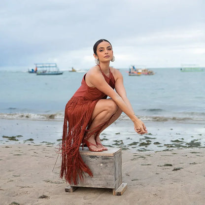 🍒Multi-layer tassel dress women's solid o-neck sleeveless cocktail dress elegant female fashion ball party outfit occasion wear club wear holiday beach party wear No Tossle Tassle