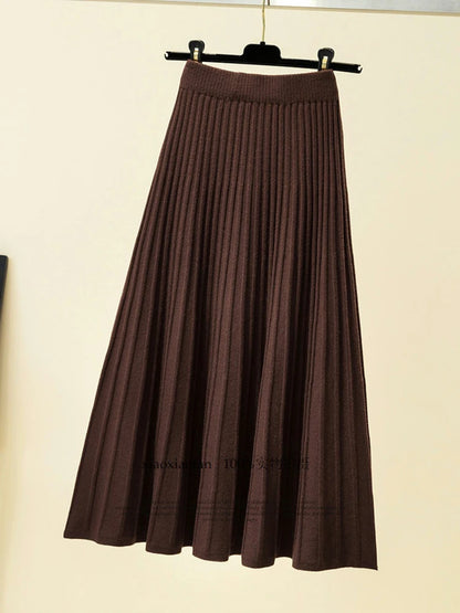 🍒Knitted skirt pleated long thick fabric vintage style clothing  high waist skirt outfit casual ribbed female solid fashion Get knitted To Wool