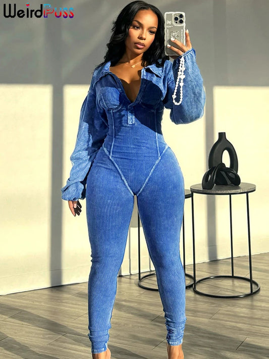 🍒Distressed Jumpsuit v-neck  solid ribbed skinny one piece long sleeve casual autumn trendy outfits simple activity streetwear Look Optimistcally Colouful In Distress
