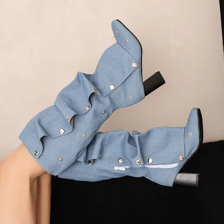 🍒Denim boots for Women blue multi snap-fastener pleated shoes with zip wide calf length boots winter footwear Cute Cowboy