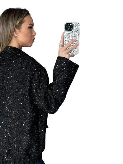 🍒Sequin bomber Jacket women Y2k gold Colour stand collar short coat long sleeve  spring fashion high Streetwear occasion wear smart casual clothing for women  Spring Into Shimmer