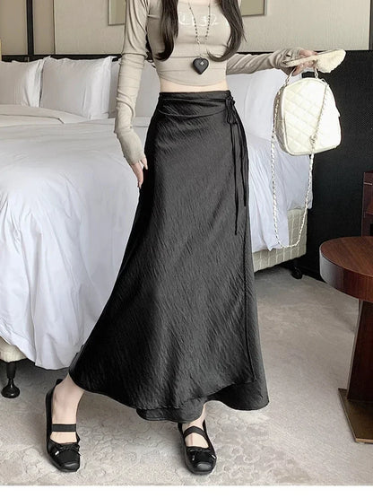 🍒Elegant high waist skirts for women fashion black grey satin skirt classic smart casual women  long skirt summer wear slinky silky skirty style