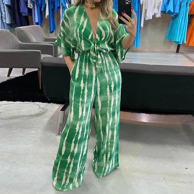 🍒Women's Jumpsuits tie dye Summer relaxed outfits casual  clothing for ladies v-neck one piece tie bow fashion loose wide leg Jumpsuit rompers S-XXXL  tye this tie Into Your style