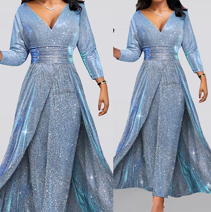 🍒Jumpsuit for women double sided sequin outfit with large skirt and bra v-neck long Jumpsuit with swing occasion party wear Jump Into Jumpsuits