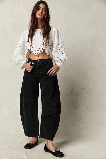 🍒Loose mid waist Jeans bleached denim style full length pants fashion solid colour trousers with pockets casual wear for women Barrels Of Style