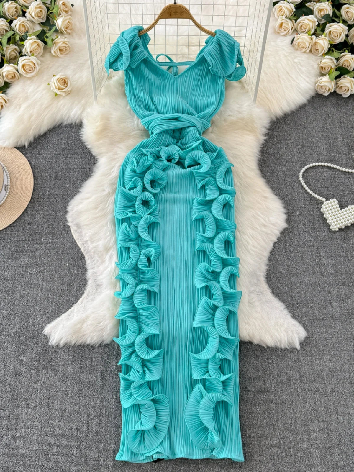 🍒Women's long dress slim fit occasion outfit with 3D pleats and ruffle hem sleeveless fashion wear party wear fashion clothing Look Smooth In Ruff-les