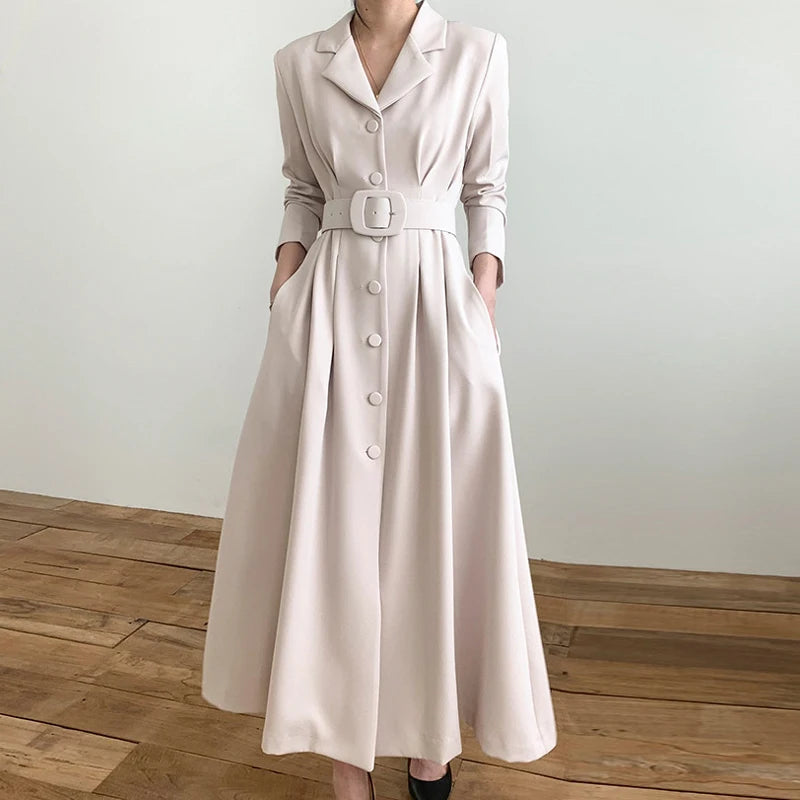 🍒Style blazer dress long sleeve single breasted clothes women light wind coat temperament slim waist long belt outfit Lovely Lapel Look