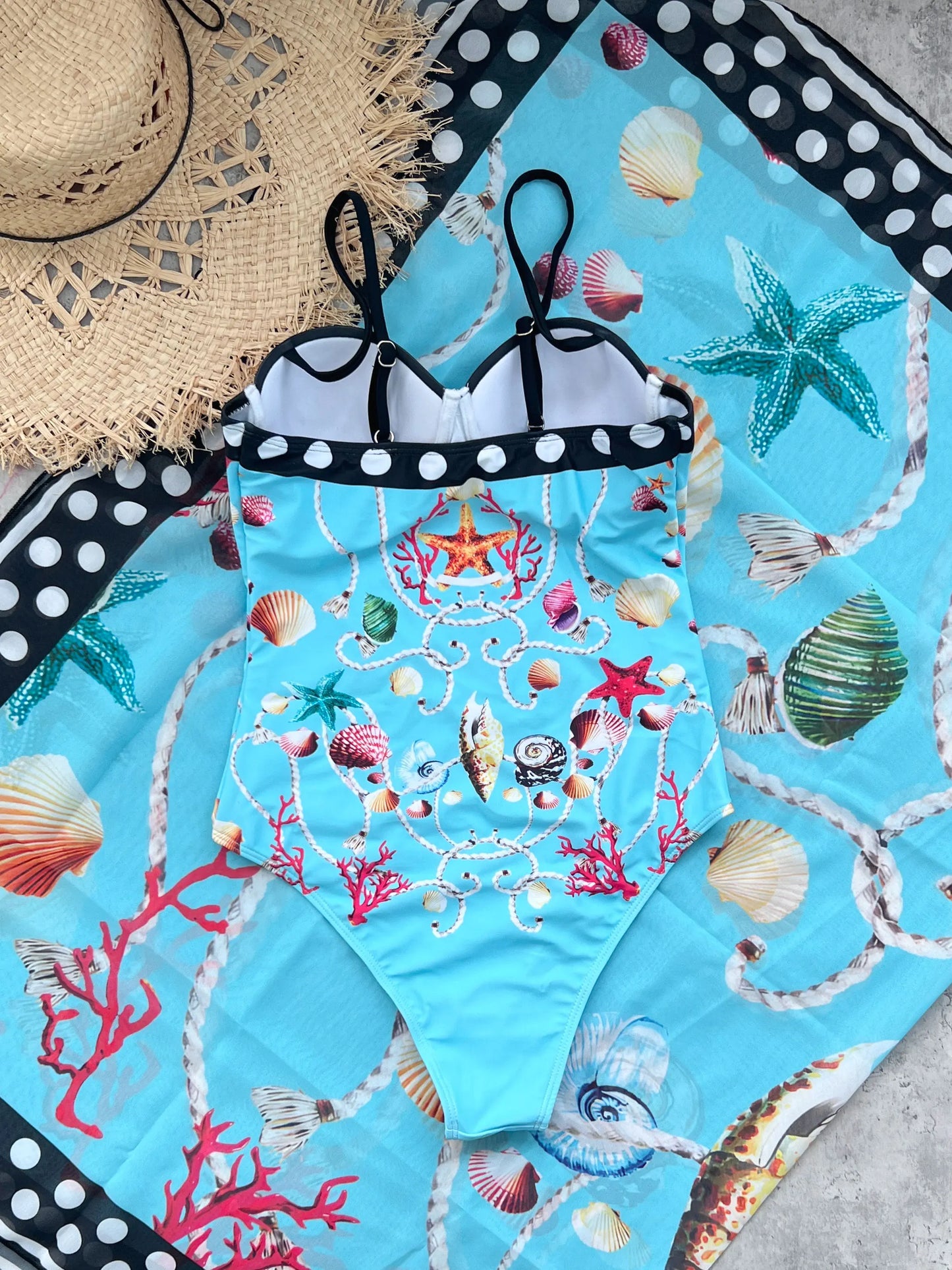 🍒One piece swim suit beach wear with coral and seashell print bikini and sarong set beach wear for women Sea Sure Set