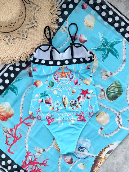 🍒One piece swim suit beach wear with coral and seashell print bikini and sarong set beach wear for women Sea Sure Set