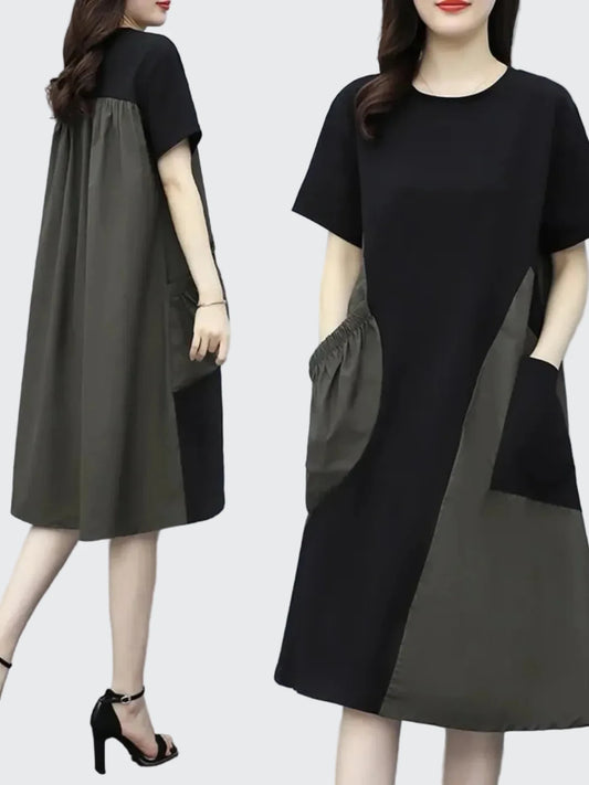 🍒Street style fashion dress t-shirt style short sleeve round neck outfit smart casual women's patchwork and pocket summer wear Patch Up Your Fashion And pocket the Change