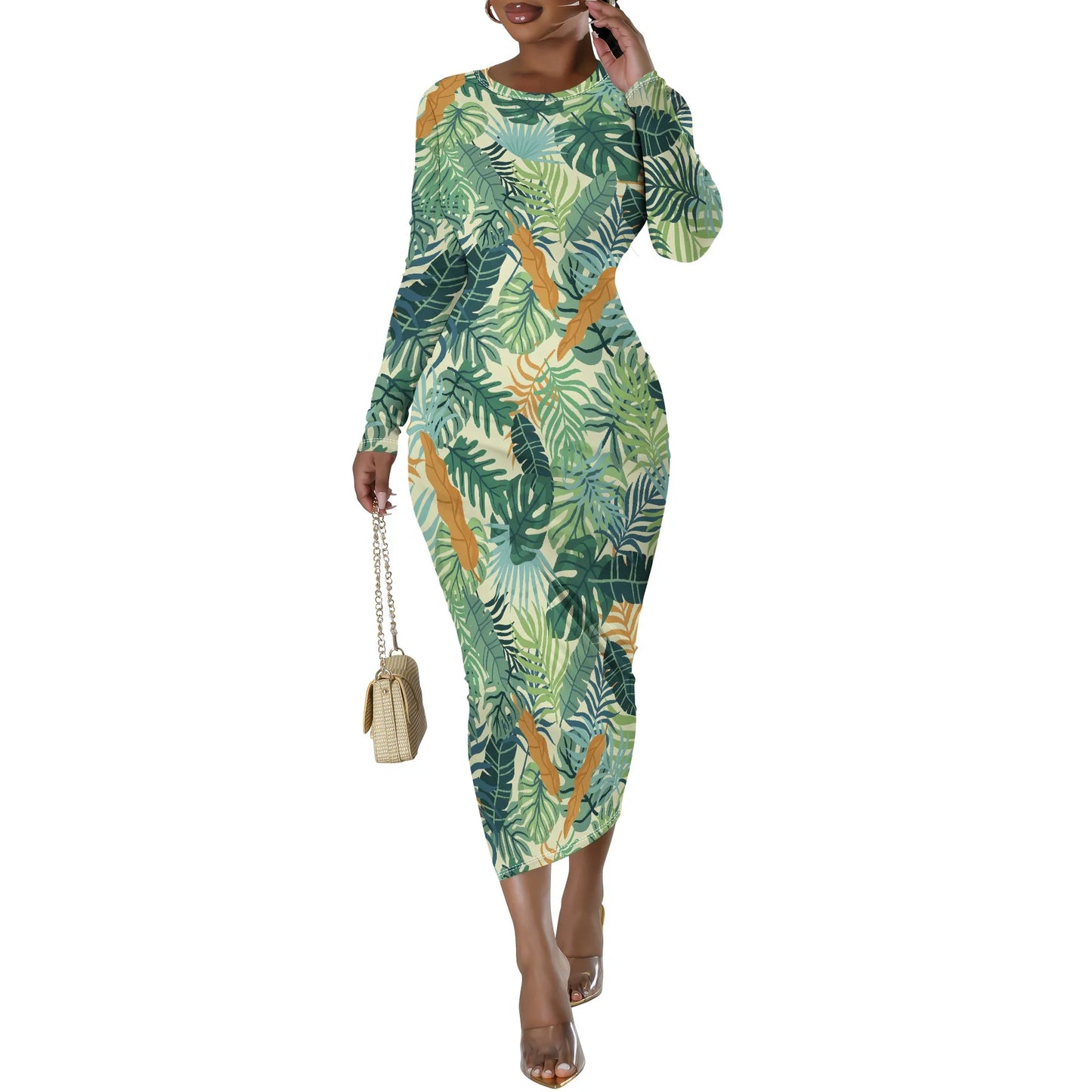 🍒Floral print dresses for women o -neck long sleeve fashion  stretchy summer clothes fitted bodycon midi smart casual You Won't Want To Leaf This Dress Alone