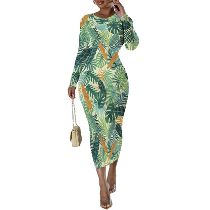 🍒Floral print dresses for women o -neck long sleeve fashion  stretchy summer clothes fitted bodycon midi smart casual You Won't Want To Leaf This Dress Alone
