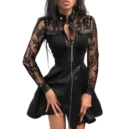 🍒Pu leather dress for women  lace mesh sleeve mixed media fashion party dress mini elegant stand neck collar a-line outfit Pretty Plaid Pu