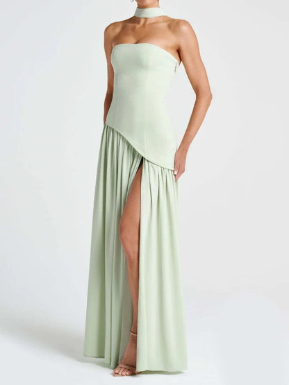 🍒Strapless high slit dress sleeveless design backless long summer dress black and white outfit women contrast evening wear party gowns Smashing Slash