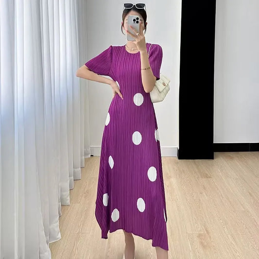 🍒Womens pleated dress summer smart casual ladies' high waist outfit with polka dots irregular fashion loose waist dress Dainty Dressy Dots
