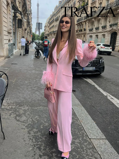 🍒Women's pink blazer sets lapel  collar long sleeve coat jacket single-breasted and chic pocket zip pants high waist party occasion wear Floss In Candy
