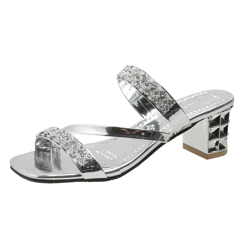 🍒Metalic sandals summer crystal high heels party shoes smart casual comfortable block heel sliders occasion footwear Crystal Cutes