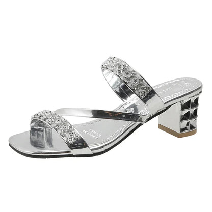 🍒Metalic sandals summer crystal high heels party shoes smart casual comfortable block heel sliders occasion footwear Crystal Cutes