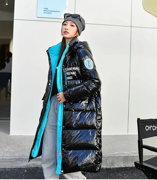 🍒Down cotton Jacket long for women hooded zipper coat winter snow thick warm outerwear Female shiny puffer Get Down Town Down