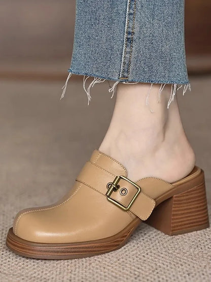 🍒Genuine leather buckle shoe open back mules for ladies smart casual summer footwear commuter thick heel slides