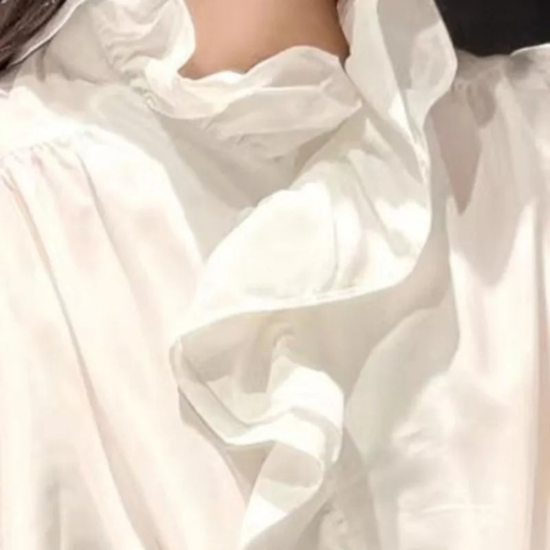 🍒French white ruffle blouse women long sleeve asymmetrical stand collar chic shirt retro pleated office commuter soft sweet tops occasion clothing smart casual wear Balance Ruffles In Your purse with this Asymetric