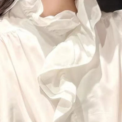🍒French white ruffle blouse women long sleeve asymmetrical stand collar chic shirt retro pleated office commuter soft sweet tops occasion clothing smart casual wear Balance Ruffles In Your purse with this Asymetric