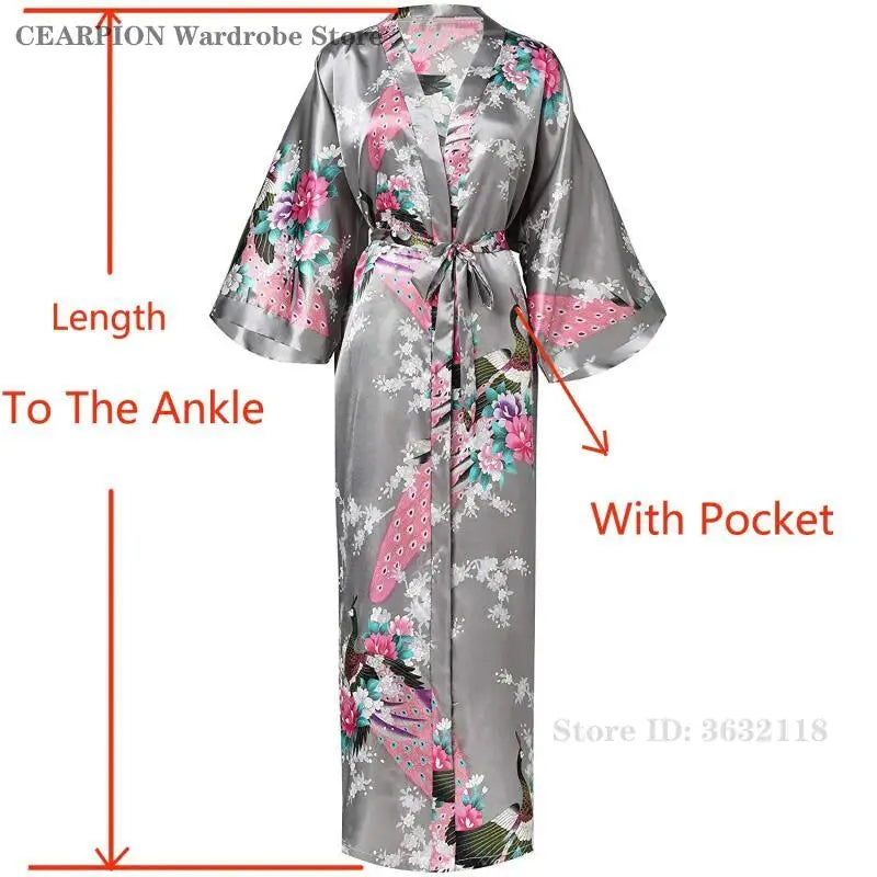 🍒Satin robe women plus size  with flowers peacock print kimono lounge gowns for women bride bridesmaid wedding bathrobe silky nighrwear Sittin' Satin Style