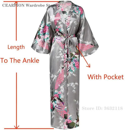 🍒Satin robe women plus size  with flowers peacock print kimono lounge gowns for women bride bridesmaid wedding bathrobe silky nighrwear Sittin' Satin Style