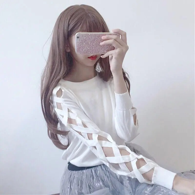 🍒Knitwear top for women Female spring autumn clothes women's long sleeve black top  chic t-shirt with sleeve design