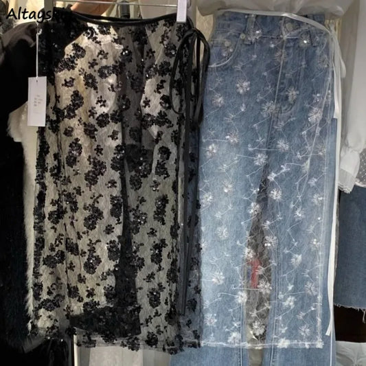 🍒Sheer floral skirt smart casual wear for women mesh outfit maxi fashion sweet girl fashion clothes evening wear streetwear  It Will Be A Sheer delight To Wear