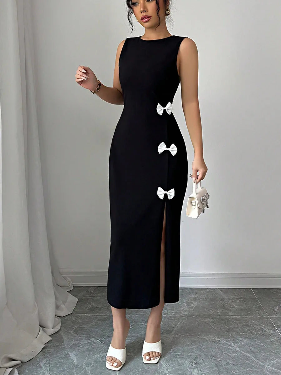 🍒Black dress side bows bodycon with slit midi cocktail outfit women party evening gown  occasion fashion Sweet-Edge