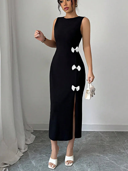 🍒Black dress side bows bodycon with slit midi cocktail outfit women party evening gown  occasion fashion Sweet-Edge