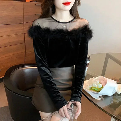 🍒Long sleeve velvet tops for women mixed media velvet fur top with mesh panel party occasion wear feminine clothing fashion Fluff Up In Velvet