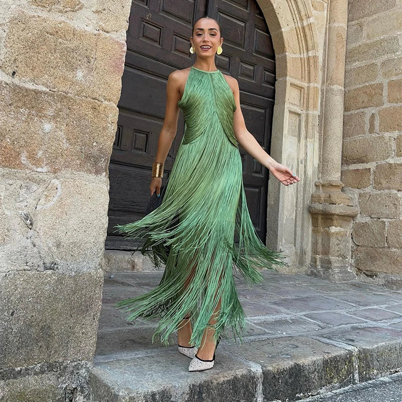 🍒Multi-layer tassel dress women's solid o-neck sleeveless cocktail dress elegant female fashion ball party outfit occasion wear club wear holiday beach party wear No Tossle Tassle